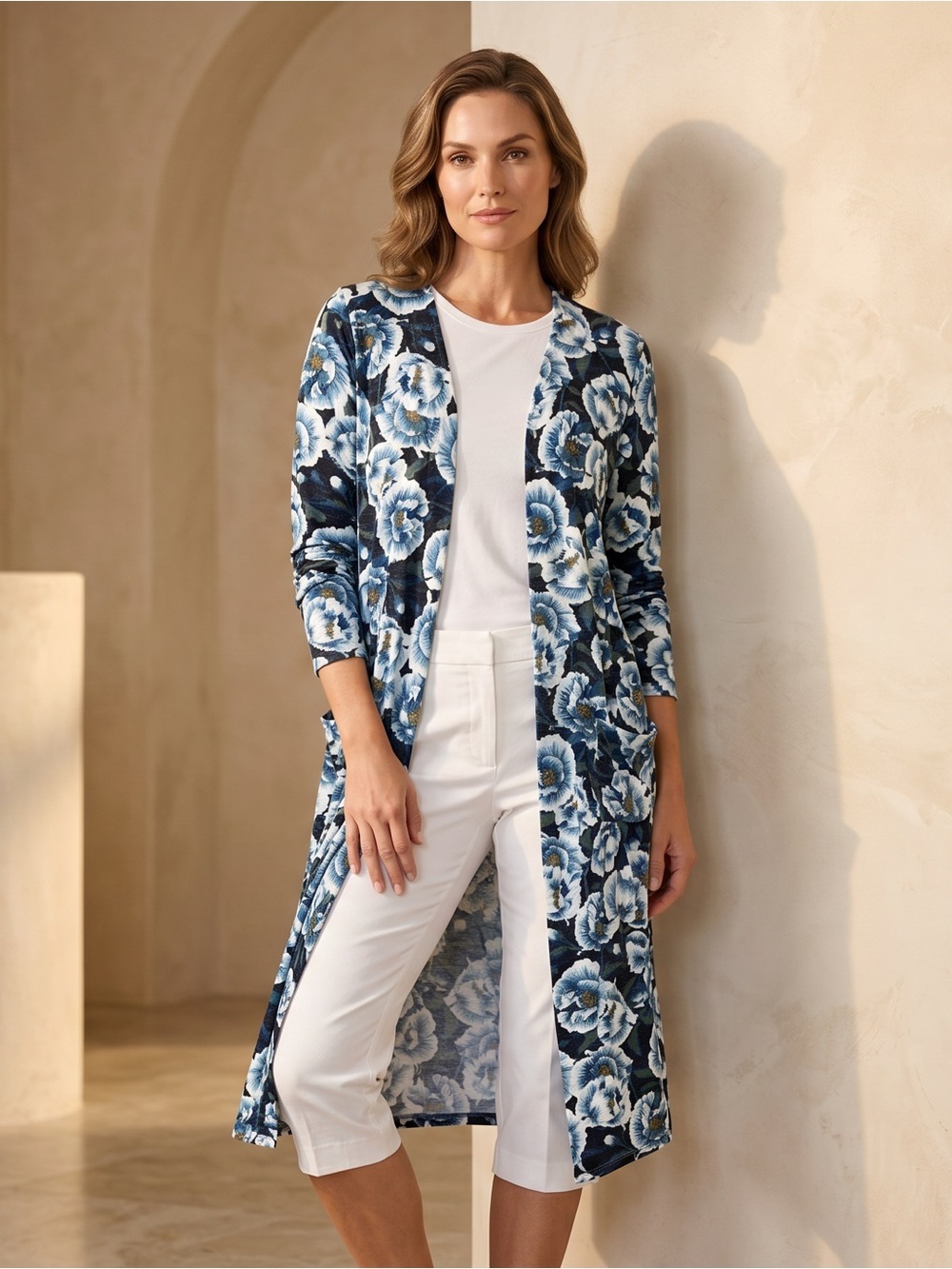 LuLaRoe Navy and Light Blue Floral Duster with Front Pockets